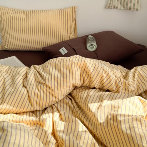 Image of Striped Duvet Cover Set Washed Cotton,Queen(90 inchx90 inch),Pinstripes Yellow