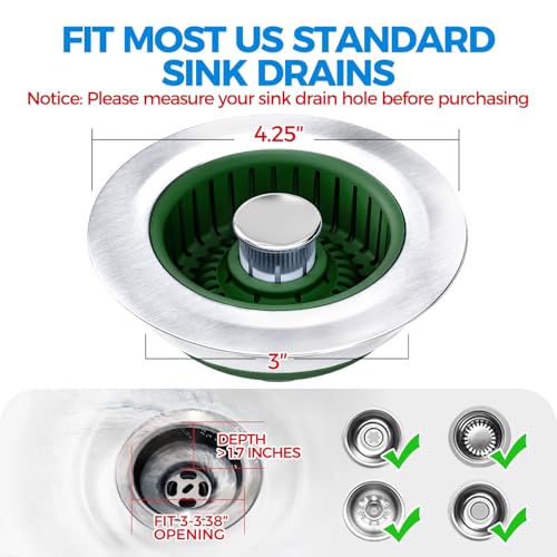 Upgraded 3in1 Kitchen Sink Drain Strainer & Sink Stopper, Stainless Steel Kitchen Drain Plug & Cover with Anti-Clogging Basket Strainer, Fit US Standard 3-1/2'' Sink Drain Hole, OliveGreen