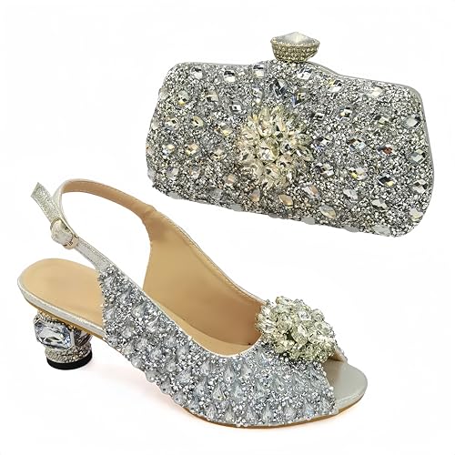 Qlujek Women Shoes and Bag Set for Evening Party Wedding Italian Style High Heels Pumps Decorated with Rhinestone Silver Size 9