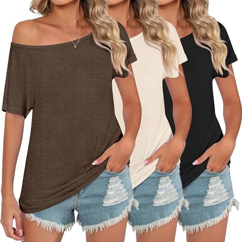 Riyiper 3 Pack Women's Off The Shoulder Shirts, Loose Fit Flowy Tops Short Sleeve Casual Summer Tshirt Athletic Workout Tunic