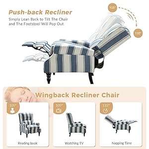 Hulala home upholstered wingback recliner chair set of 2 small adjustable footrest push back single reclining sofa mid century modern lounge armchair for living room bedroom readingstripe navy  urban country home decor
