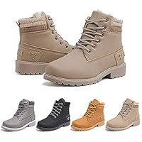 Ladies Ankle Boots Womens Fur Lined Snow Shoes Winter Combat Boot Warm Lace Up Outdoor Plat PU Leather Booties Comfy Fashion 3.5-9 UK Khaki C 38 (5 UK)