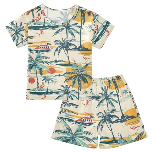 ALAZA Ship Sun Palm Tree Flamingo Pajamas Short Sleeve 2 Piece Sleepwear Top and Bottom Pajama Set Unisex