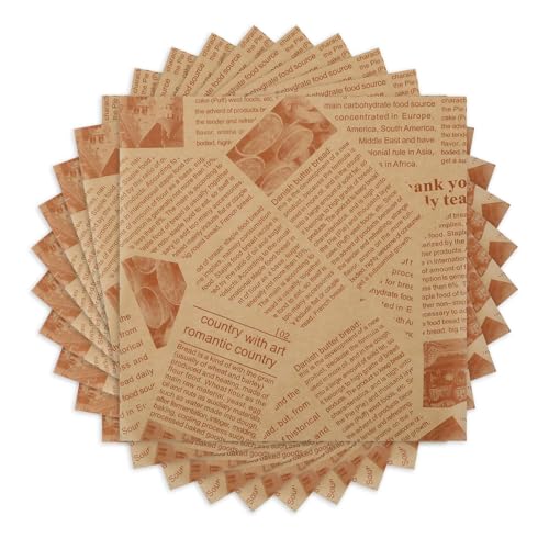 Hugwish 200pcs Carta da Imballaggio Alimentare 22x22cm, da Giornale, Cerata, Kraft per Alimenti Oleati per Panini, Patatine, Hamburger