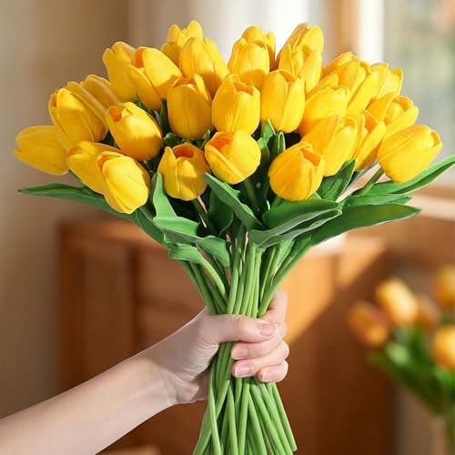 Image of 20Pcs Stems 13.5 Inch Yellow PU Artificial Moisturizing Tulips, Faux Tulips Flowers for Thanksgiving Christmas Decorations Wedding Home Table Vase Floral Arrangements