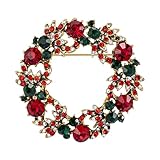 SELOVO Wreath Green Red Austrian Crystal Round Brooch Pin Antiqued Gold Tone