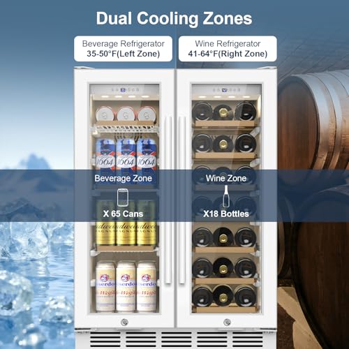 Image of Wine and Beverage Refrigerator, 24 Inch Beverage Cooler Dual Zone with Glass Door, Under Counter Beverage Fridge with Upgraded 65 Cans 18 Bottles Large Capacity, White