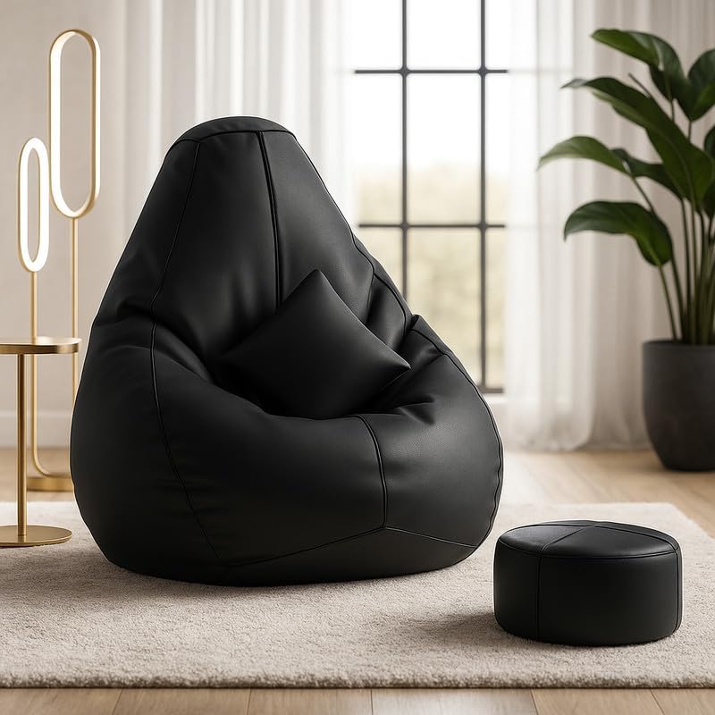 Image of Biggie Bean Bag with Beans Filled 4XL Bean Bag with Free Cushion and Footrest - Official : ElegantPuffPod Combo (Matching Color : Regular, Black), Faux Leather