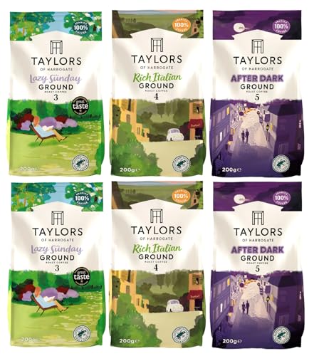 Taylors of Harrogate Ground Coffee Variety Pack 200g (Pack of 6, Total 1.2kg) – Lazy Sunday, Rich Italian & After Dark