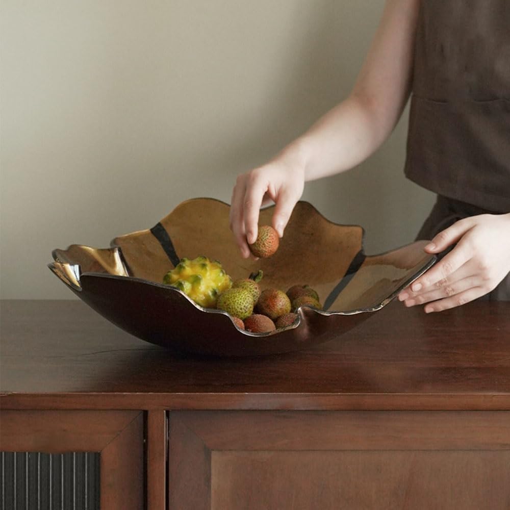 Gv8pA5fj7b cesto di frutta Piatto da portata in vetro dorato irregolare con accenti neri artistici, decorazione moderna for la tavola