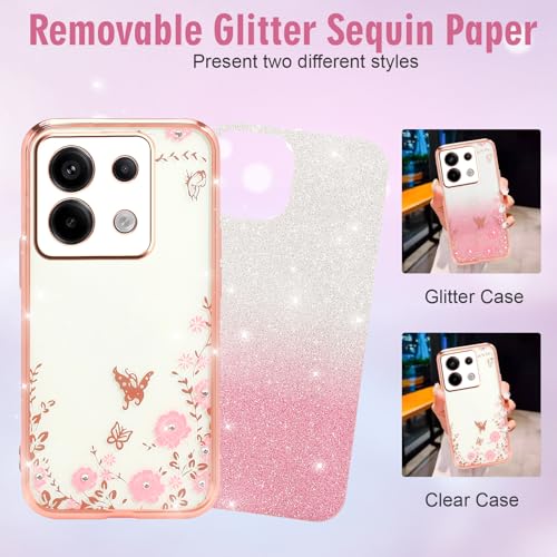 Glitterfodral för Xiaomi Redmi Note 13 Pro & Poco X6, Rosa Blommor