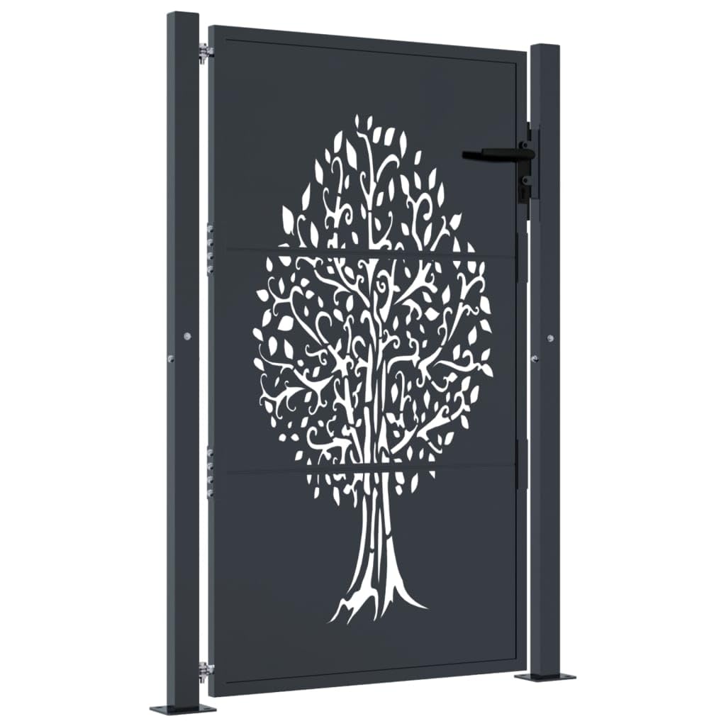 vidaXL Garden Gate, Driveway Gate for Terrace Balcony Yard, Fence Gate with Lock and Handle, Fence Panel, 105x130 cm Anthracite Steel Tree Design