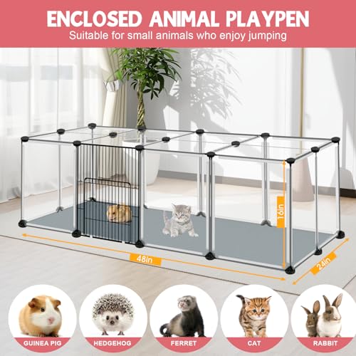 Image of 20 Panels Small Animals Playpen, 48 inch x 24 inch x 16 inch Transparent Pet Playpen with Waterproof Mat,Portable Plastic Enclosure Cage for Chicken /Guinea Pigs /Bunny /Ferrets /Hamsters /Hedgehogs Indoors Outdoor