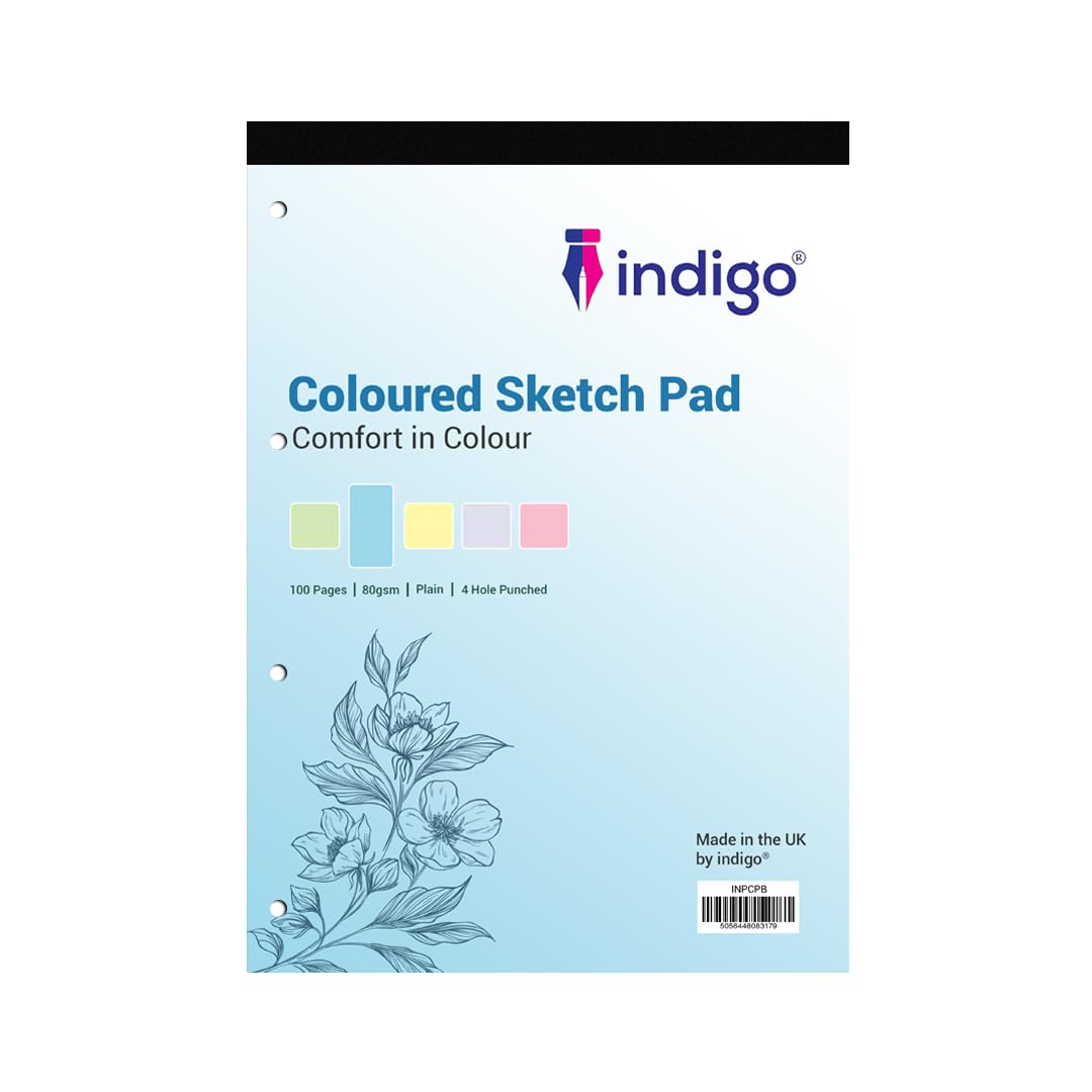 indigo® Dyslexia Pad A4 Coloured Plain Sketch Pad 100 Pages Tinted Refill Pad (6, Blue)