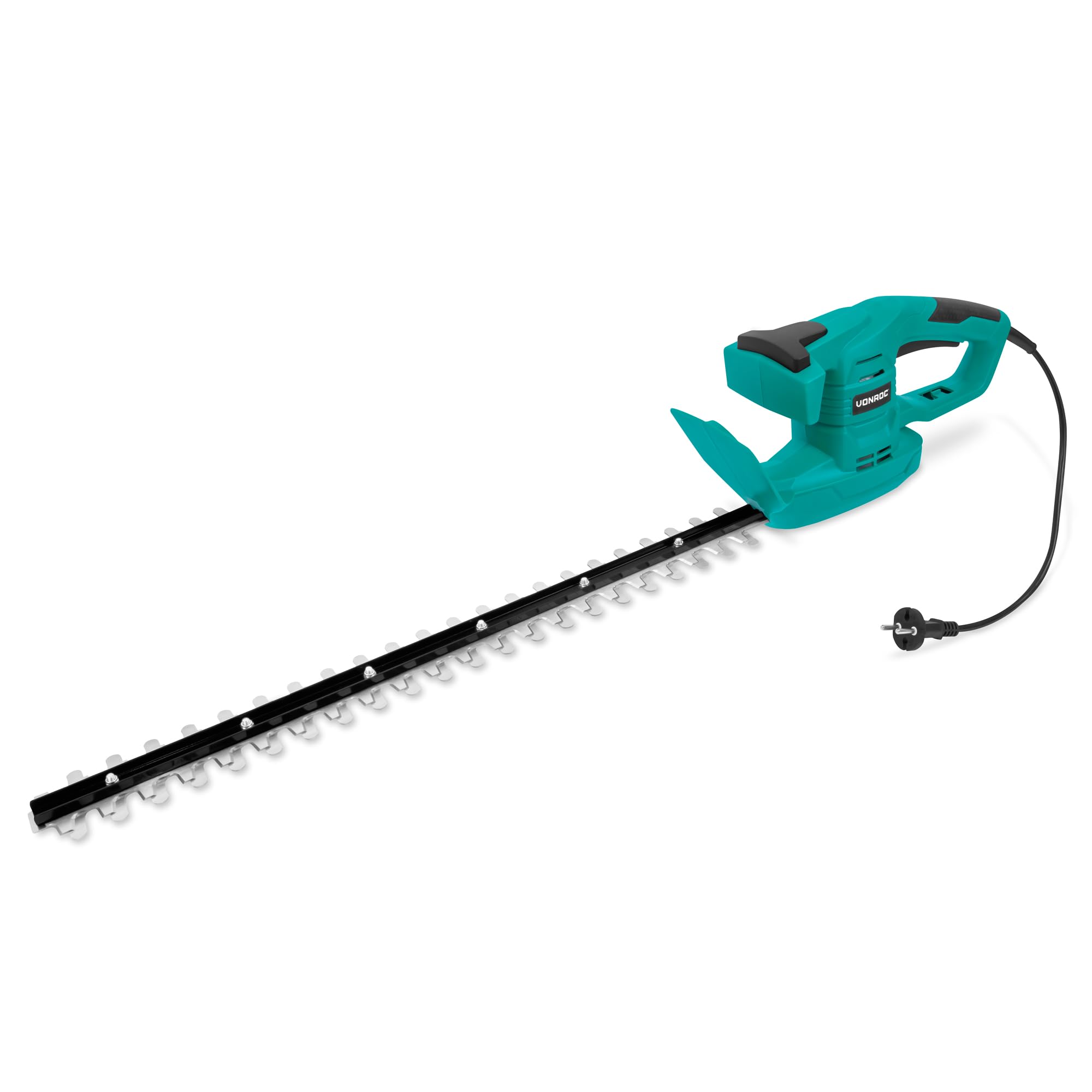 VONROC Cortasetos Eléctrico 550W - Hoja 55 cm, Corte Ø16 mm | Ligero, Ergonómico y Seguro, Doble asa, Antidesgarro | Ideal para setos y arbustos