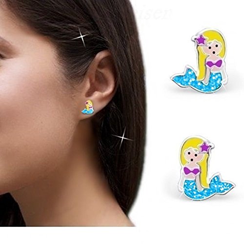 Pendientes de sirena azul plata 925 para niñas y niños joyería infantil de plata de ley 2