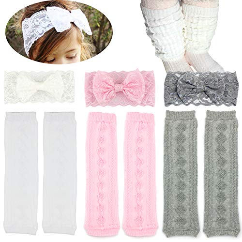Elesa Miracle 3 Pairs Knitted Baby & Toddler Cozy Soft Argyle Leg Warmers and Baby Lace Bow Headband Value Set - Thumbnail 2