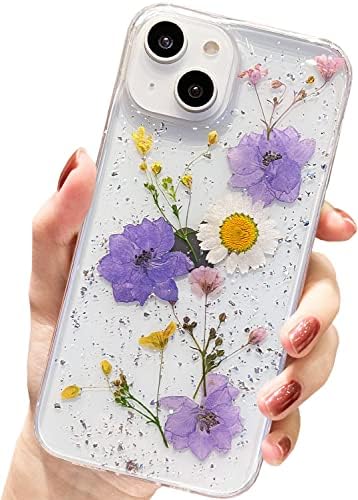 AMART for iPhone 13 Mini Case Flowers, Clear Cute Dried Flower Phone Case Transparent Glitter Slim Soft TPU Silicone Floral Women Girls Protective Phone Cover for iPhone 13 Mini(Pink Gypsophila)