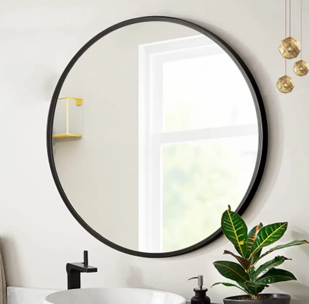 Karina Bailey 60cm Large Round Wall Mirror Black Aluminium Frame Art Makeup Mirror for Entryways Living Room Dressing Room Bedroom Bathroom Hallway
