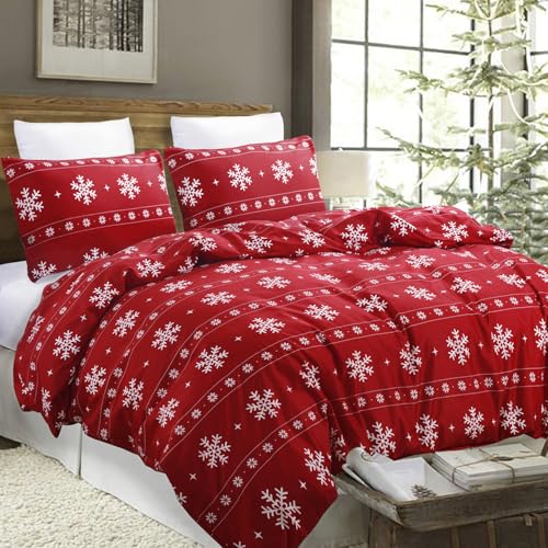 Vaulia Soft Christmas Duvet Cover King Size Red Snowflake Pattern Bedding Set for Christmas Holidays Red and White Color 3-Piece Set (1 Duvet Cover and 2 Pillow Shams)