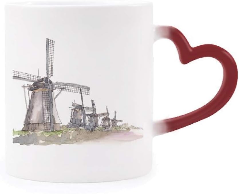 DIYthinker Heat Sensitive Windmill Mug showing the windmill design on a white mug with a red heart-shaped handle.
