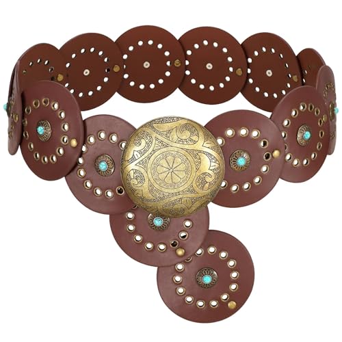 SUOSDEY Womens Wide Western Leather Concho Belt Vintage Cowgirl Boho Disc Belt for Dresses Jeans Skirts