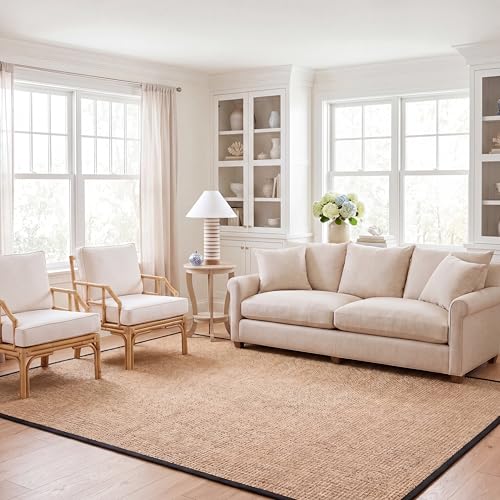 SAFAVIEH Area Rug 6x9 - Natural Fiber Collection - Natural & Black, Seagrass, Basketweave Pattern with Border (NF114C)