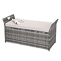 VINGLI 40 Gallon Outdoor Storage Bench with Cushion, Rattan Storage Box, Patio Wicker Deck Box with Seat for Garden | Balcony | Porch | Pool | Yard (Grey Frame + Light Grey Cushion)
