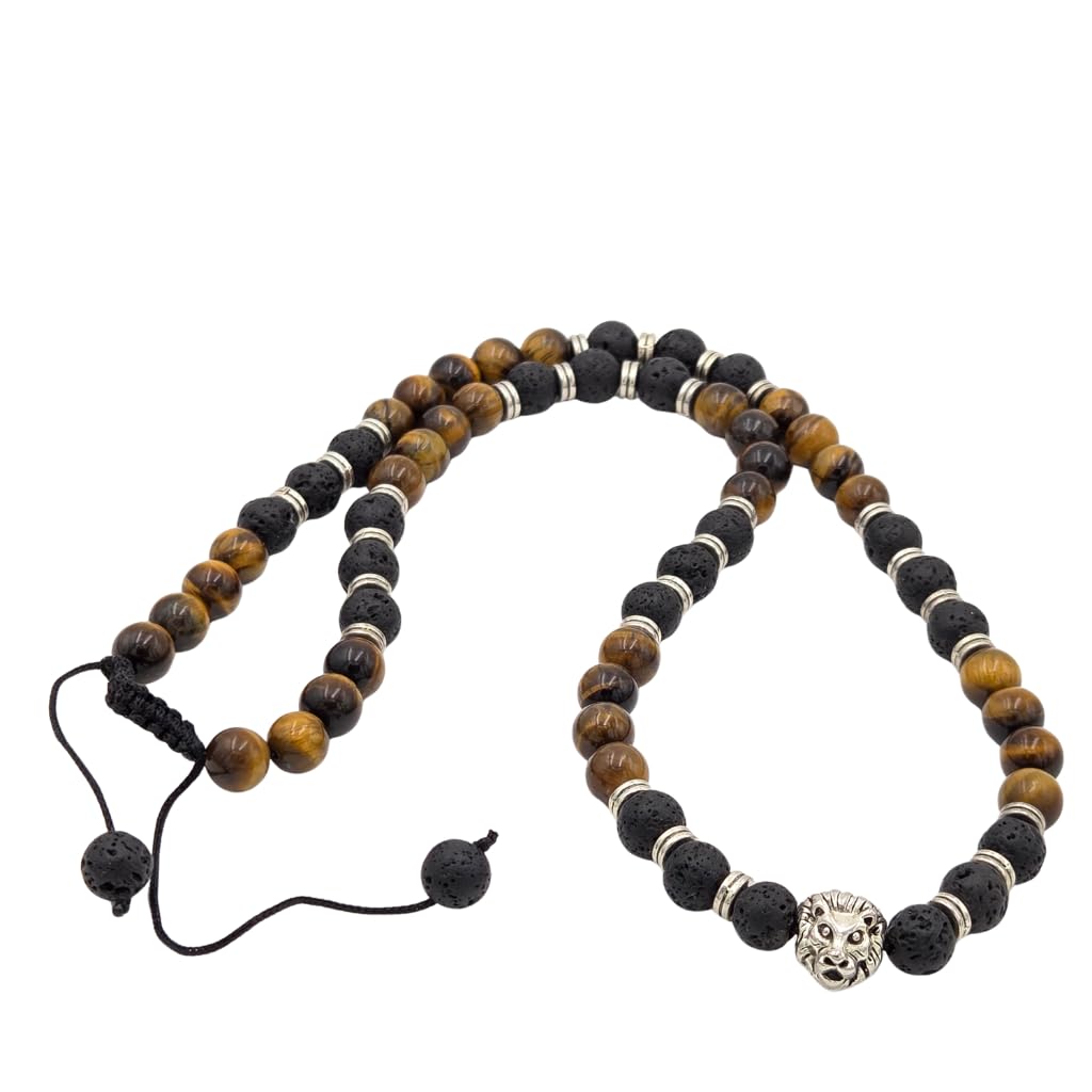 Lava Stone & Tiger Eye Beaded Necklace with Lion Pendant | Stainless Steel Chain | Men | Everyday Wear