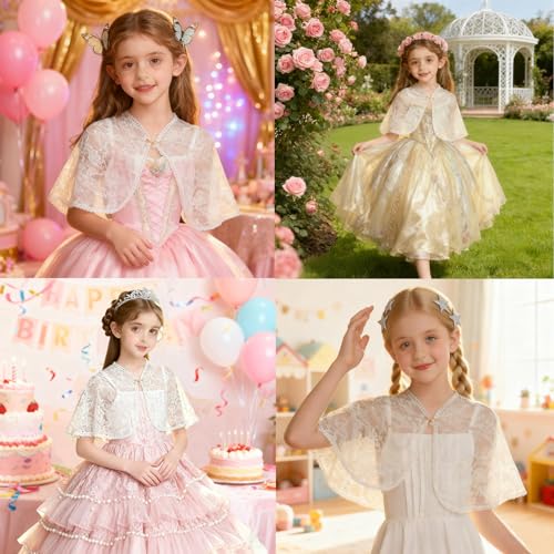 Image of White Lace Cape Floral Bolero Cardigan Shrug Cover Up Jacket for Girls Kids Toddler Child