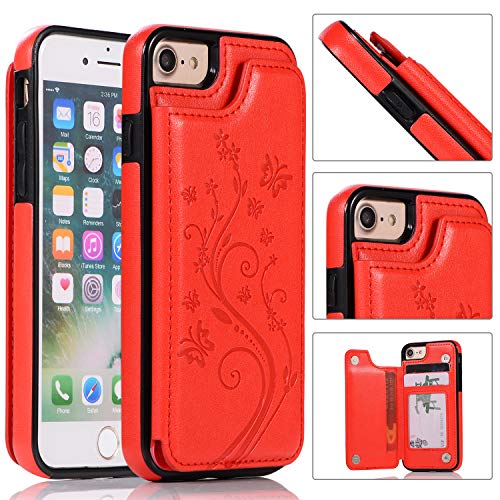 QFUN Back Wallet Case for iphone 7/8 with Stand, Elegant Embossed Design [Butterfly Flower] Lightweight Slim Fit Leather Phone Case with Card Holder Protective Bumper Flip Cover - Red