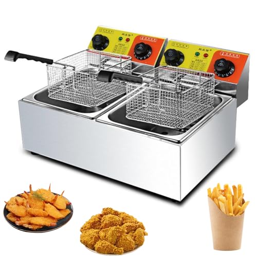 RUYICZB Friteuse Électrique INOX Double Réservoir Amovible Professionnelle Commerciale Thermostat 60-200 °C, 6L+6L Huile, 2 Paniers, 5000W, Principe De La Zone Froide, 2 Thermostats