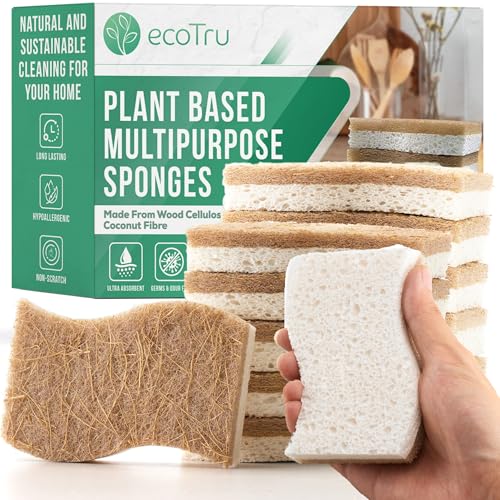 ecoTru Embalagem de 12 esponjas de lavagem naturais compostáveis, ecológicas, da marca do Reino Unido, esponjas de limpeza de pratos de cozinha, celulose biodegradável e casca de coco para esfregar