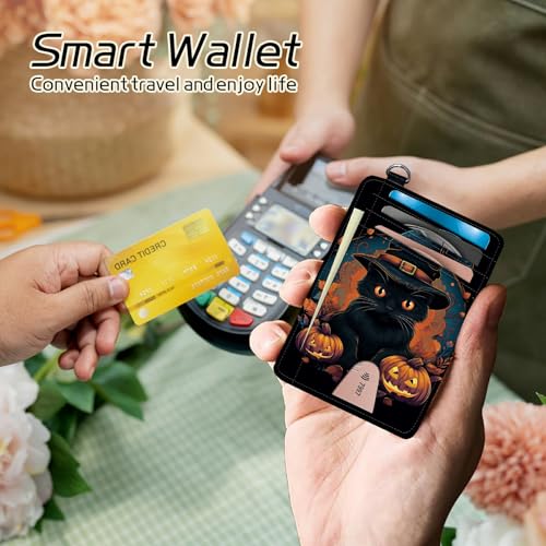 Image of Small Travel Wallets, Black Cat Halloween Slim Minimalist Front Pocket Wallet with Wristlet, RFID Blocking PU Leather Credit Card Holder with ID Window Change Purse for Men Women