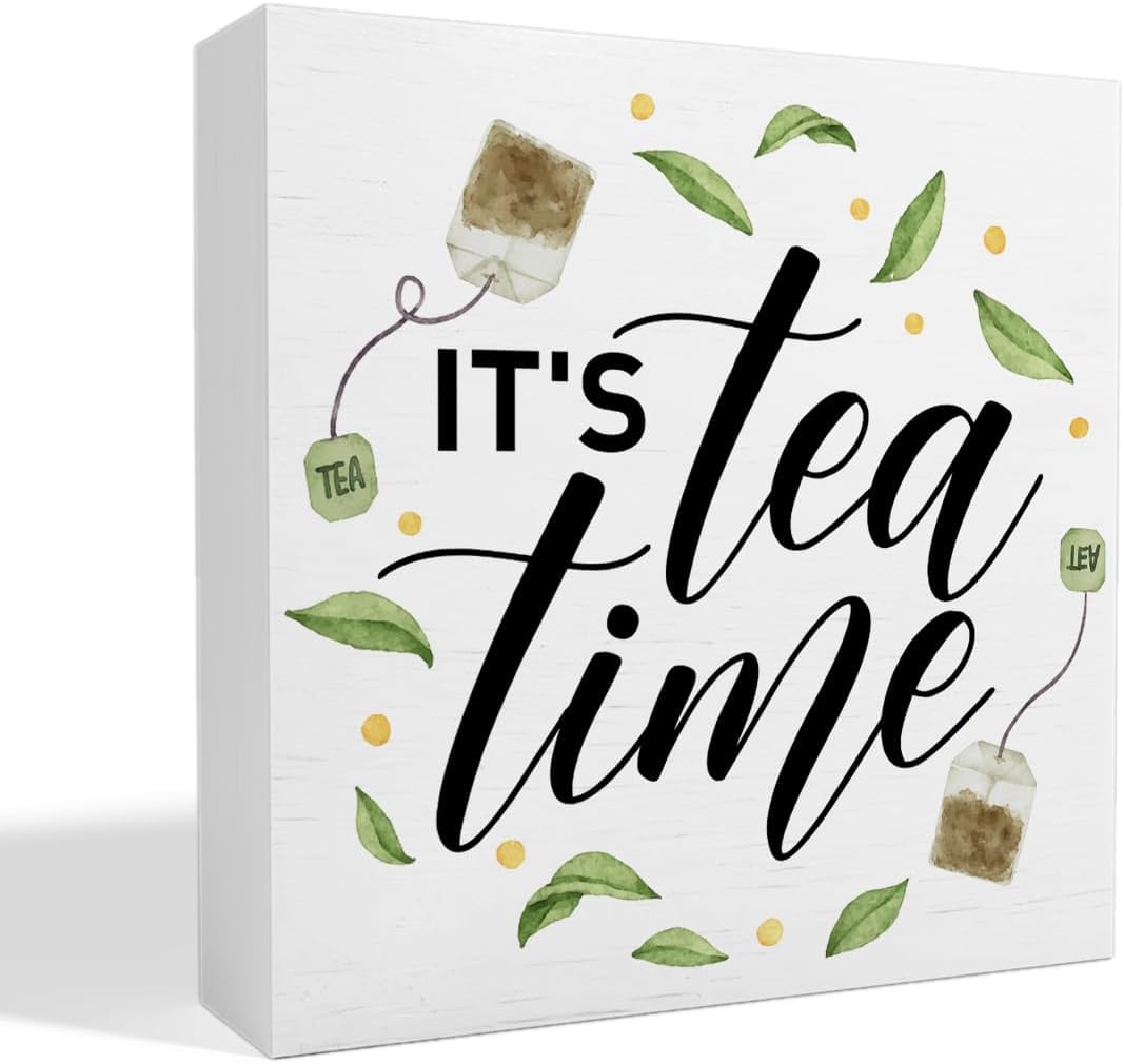 5x5 Inch Tea Decor Wooden Box Sign, Tea Bar Tea Station Pantry Table Decor For Office Home Kitchen Decoration, Tea Lover Gifts For Women Men, It'S Tea Time