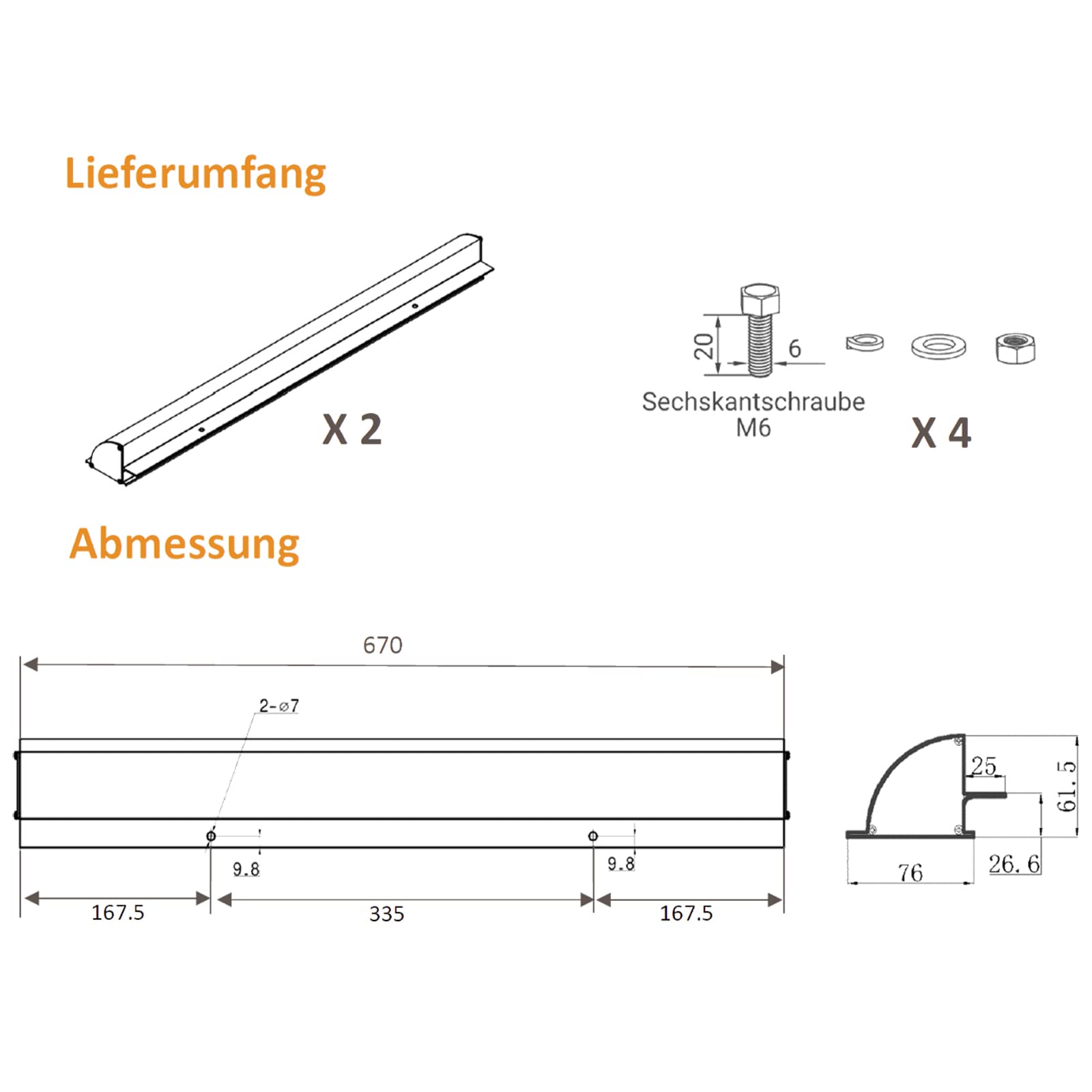 enjoy solar Solarmodul Aluminium 670mm Halterung, Haltespoiler Dachführung in Schwarz mit vorgebohrten Löchern, ideal für Wohnmobile Caraven Boot
