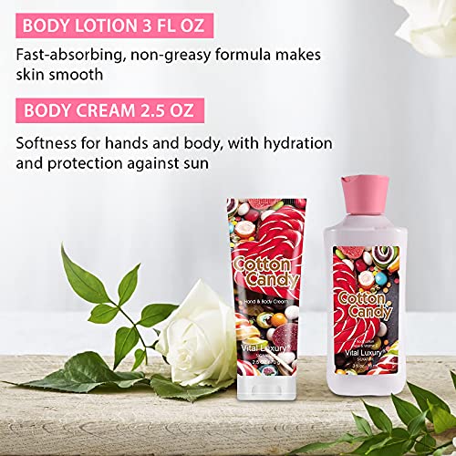Vital Luxury Cotton Candy Bath & Body Kit, 3 Fl Oz, Ideal Skincare Gift Home Spa Set, Includes Body Lotion, Shower Gel, Body Cream, and Fragrance Mist, Halloween, Christmas Gifts for Her and Him - Thumbnail 3