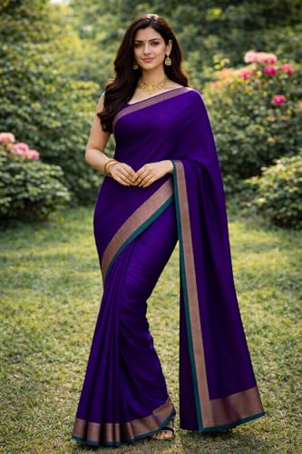 Image of Women's Glory Kanjivaram Soft Lichi Silk Saree With Embroidered Design and Zari Work For Wedding Banarasi Style Sari With Jacquard Woven Unstiched Blouse Piece for Wedding sadi (Purple)