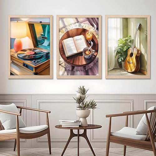 Image of NoWorries Modern Aesthetic Wall Art Framed Painting Set of 3 | Vintage Record Player, Coffee Book & Acoustic Guitar Prints with Frame | Cozy Lifestyle Music Decor Frames for Living Room, Bedroom and Studio, Minimal Contemporary Framed Artwork Ready to Hang (Art-7, 10x13inch, Wooden)