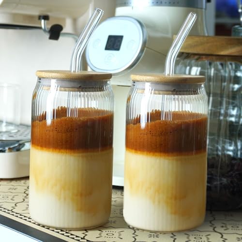 yutrenn Glass Cups with Lids And Straws 12 oz Iced