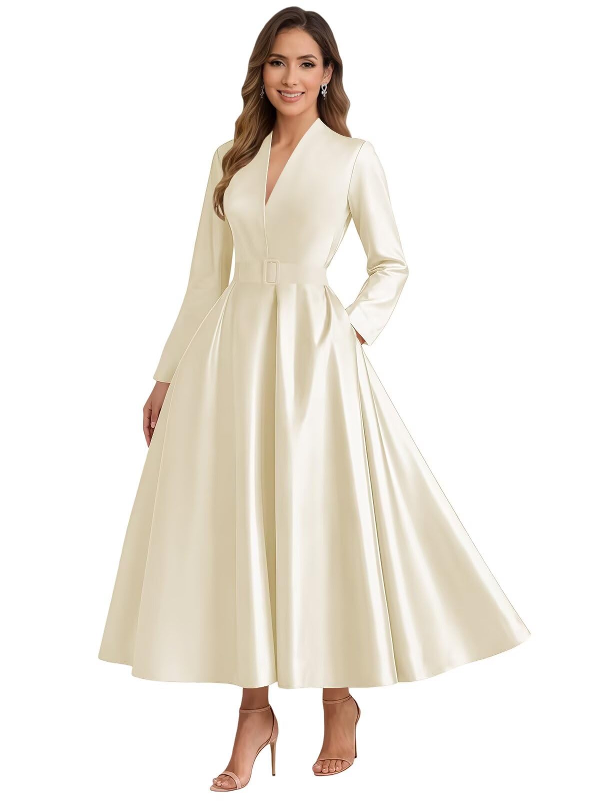 Long Sleeve Satin Mother of The Bride Dresses Tea Length for Wedding V Neck Formal Evening Gown with