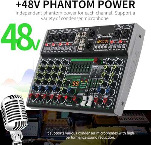 Image of DaBeatz 8 Channel Audio Mixer with Bluetooth USB & DSP Effects | 99 DSP, 7-Band EQ, PAD /HPF, 48V Phantom Power | Professional DJ Sound Mixer for Studio, Karaoke, Live & Recording Setup