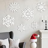 Whaline 6Pcs Christmas Snowflake Wooden Wall Decor White Snowflake Shaped Wood Wall Art Sign with Hook for Home Farmhouse Xmas Winter Hanging Ornament
