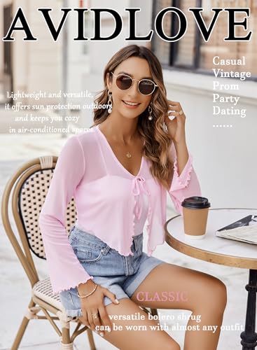 Image of Avidlove Womens Sheer Shrug Tie Front Long Bell Sleeve Mesh Bolero Lightweight Summer Casual Short Shawl Top