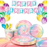 Tie Dye Birthday Party Supplies,16 Guests Tie Dye Party Tableware Set Colorful Plates and Napkins Cups Tablecloth Tie Dye Balloons Banner etc Tie Dye Birthday Decorations