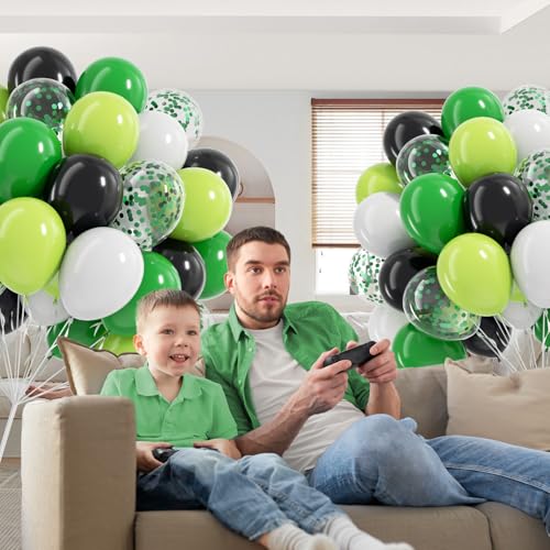 Image of 12inch Green and Black Balloons with White Lime Green Confetti Balloons | Football Theme, Baby Shower, Video Game, Birthday Party Decorations