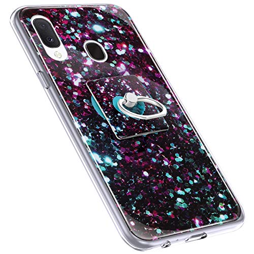 Urhause Cover Compatible with Samsung Galaxy A20e Case Sparkle Glitter Bling Marble Case TPU Silicone Ring Holder Cover 360 Degree Rotation Ring Holder Kickstand Shiny Bling Shockproof Cover Purple