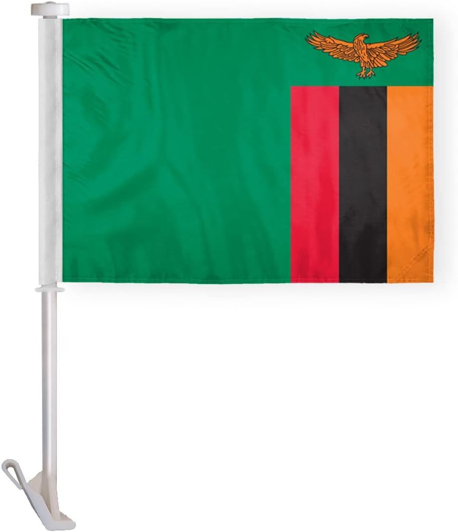 AGAS Zambia Car Flag Premium 10.5x15 inch Printed Double Sided on Super Knit Polyester Fabric Double Stitched 19 Inch White Plastic Unbreakable Stiff Pole