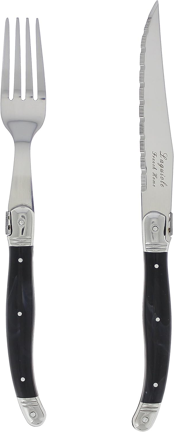 Laguiole 8-Piece Stainless Steel Forks & Steak Knife Set — 4 Steak Knives & 4 Steak Forks Silverware Set — Smooth Cut Serrated Knife Blade — Dishwasher Safe, Luxurious Steak Knives and Fork Set