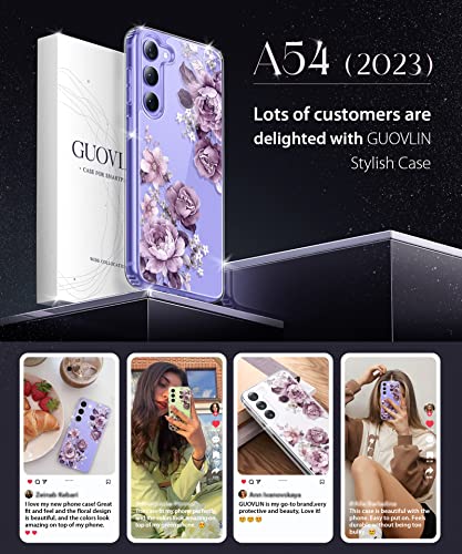 Guovlin For Samsung Galaxy A54 5G Case, [Screen Protector+Camera Lens Protector] Flower Shockproof Hard Back & Soft Edge Clear Floral Women Protective Phone Cover, 6.4-Inches 2023 (Alluring Purple) #TOP1